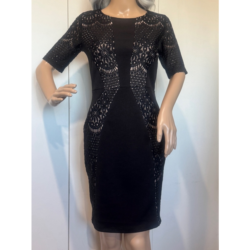 Women's Mystic Sz S stretch pull on lace panel Dress, Black nude lining GUC